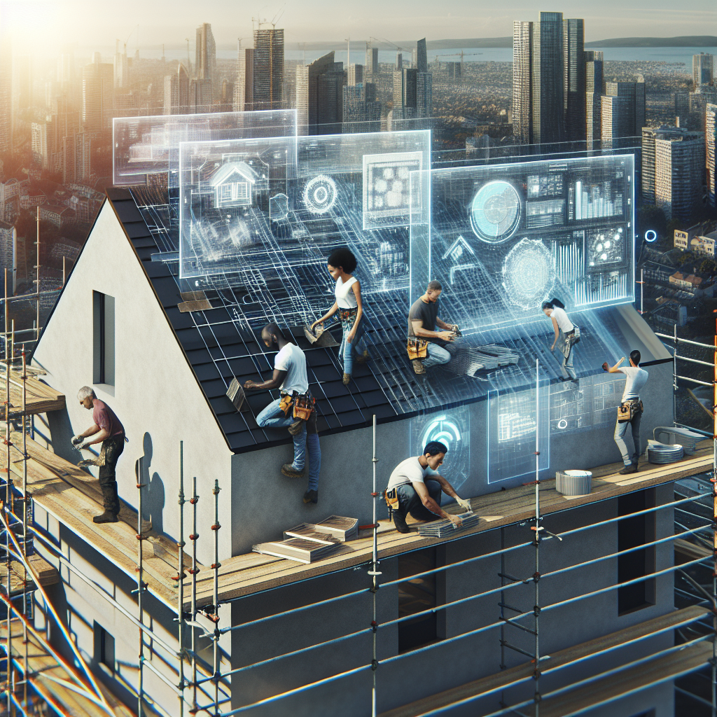 A dynamic, 2-story building under construction, with scaffolding surrounding it. The roof team, comprising of a diverse group: a South Asian woman, a Black man, and a Hispanic man, are actively working. They're meticulously placing roof shingles. Floating above them are holographic, translucent interfaces showing 3D construction layouts, plans, and AI workflow charts. The building surface reflects the sun's rays and the city skyline filled with modern, sleek buildings can be seen in the background.