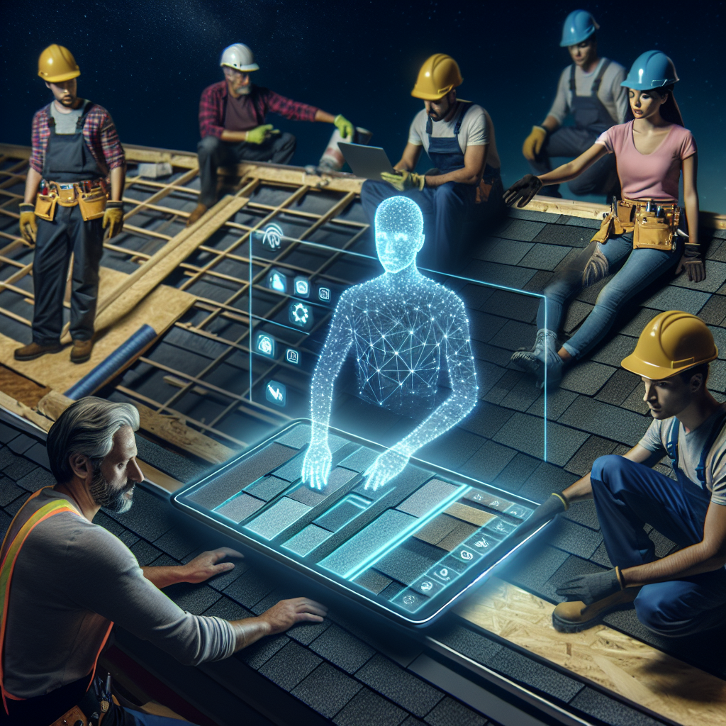 Imagine a setting where construction workers are safely working on a large roof under a night sky. There's a fair amount of detail to the shingles they are installing, and their tools and safety gear are visible. Now place an AI hologram in the form of a helpful guide, projecting from a tablet. The hologram is detailing the next step of the process through visuals and text. Subtle light from the hologram illuminates the intrigued faces of diverse workers including a Caucasian woman, a Hispanic man, and a Middle-Eastern man.